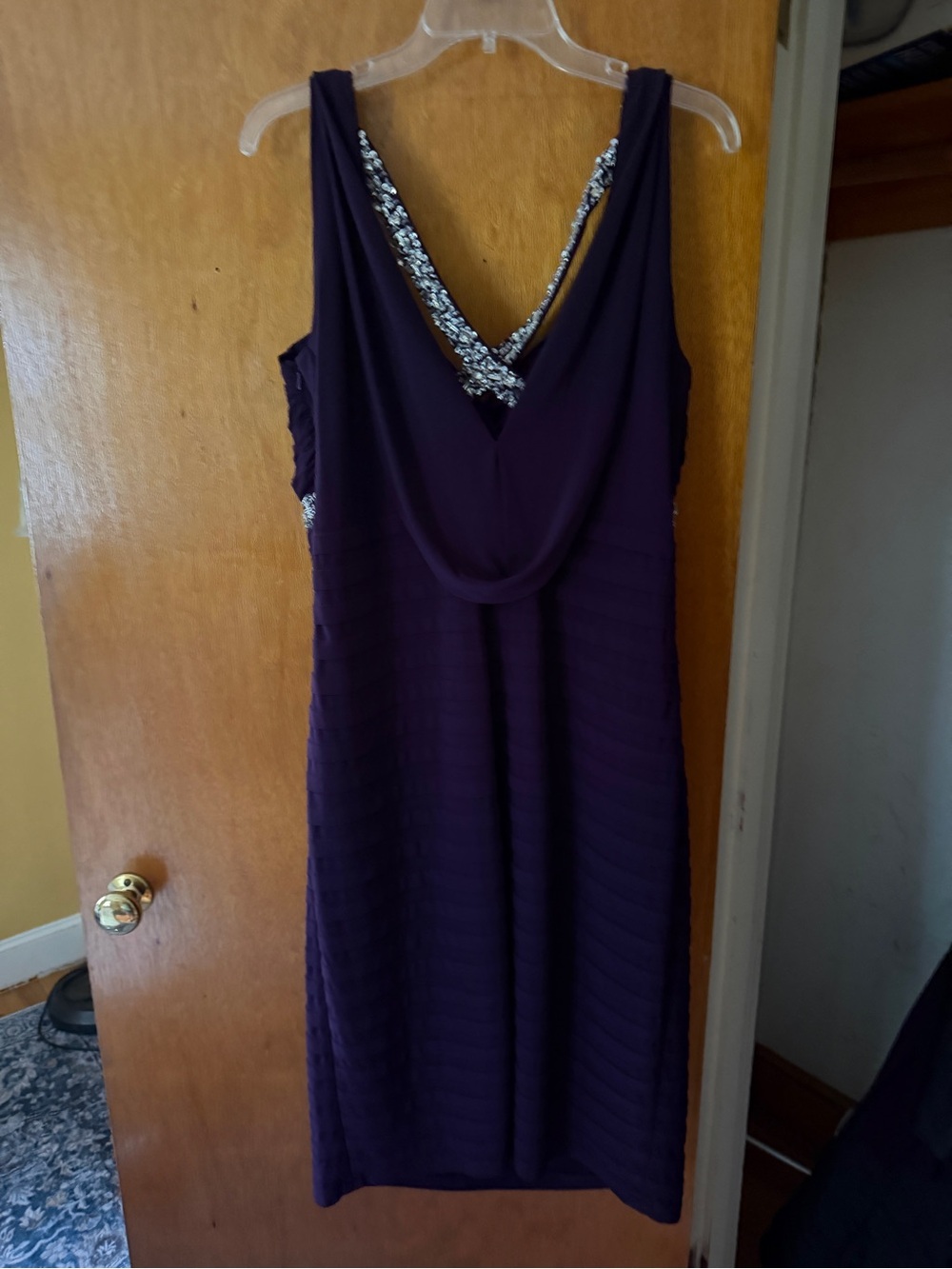 Betsy & Adam Deep Purple Midi Dress with Sequin Straps